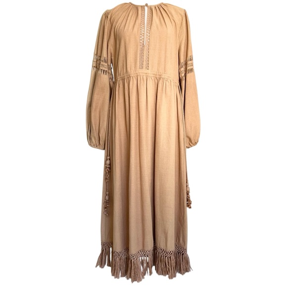 Ulla Johnson Kalea 100% Raw Silk Knit Long Sleeve Midi Dress Brown Beige Tan 4 S - Picture 2 of 11
